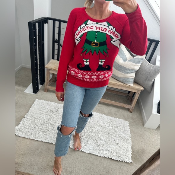 Well Worn Sweaters - Well Worn Merry Elfin Christmas Sweater Red Ugly Holiday Graphic Knit | Size L